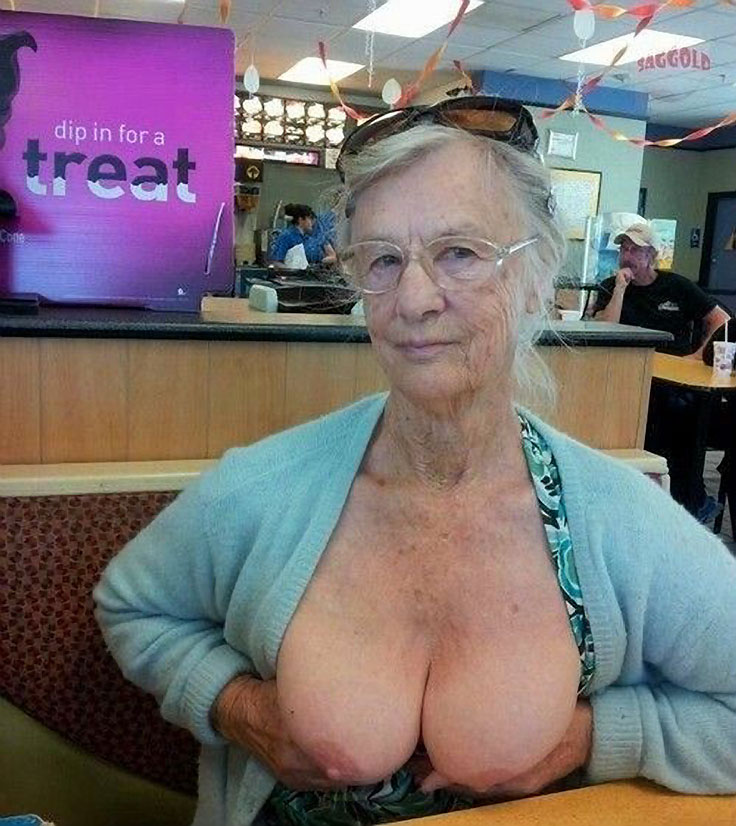 Older moms and grannies flashing in country cafe.